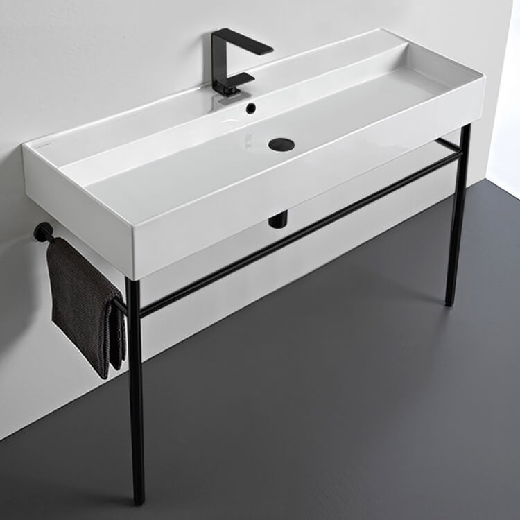 Console Bathroom Sink Large Ceramic Console Sink and Matte Black Stand, 48 Inch Scarabeo 8031/R-120A-CON-BLK